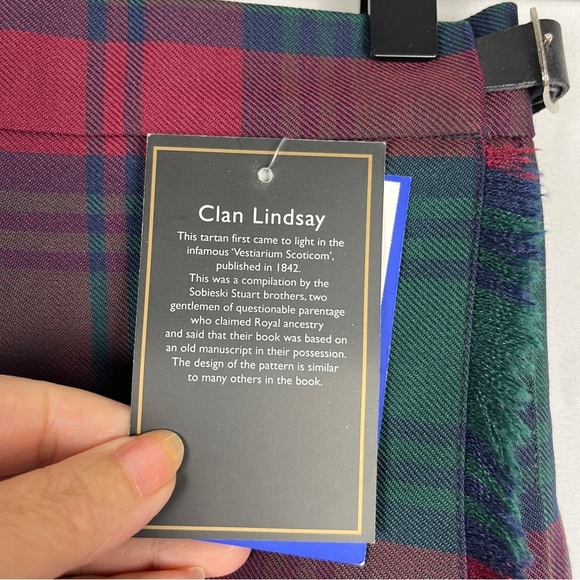 JAMES PRINGLE WEAVERS NWT Girls Clan Lindsay Tartan Red Green Kilt Skirt 3/4 - Picture 7 of 9
